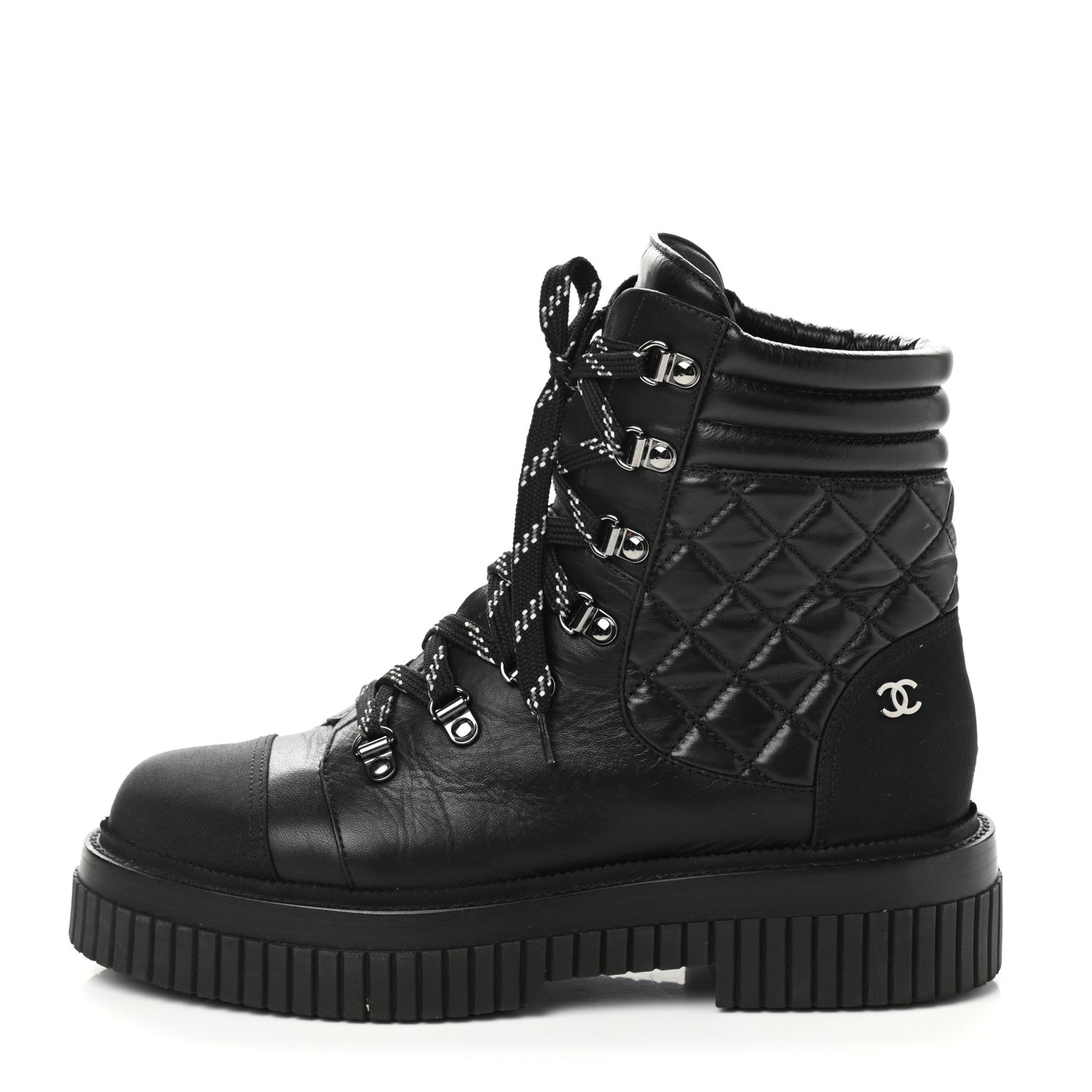 Calfskin Grosgrain Quilted Lace Up Boots 39 Black Grey