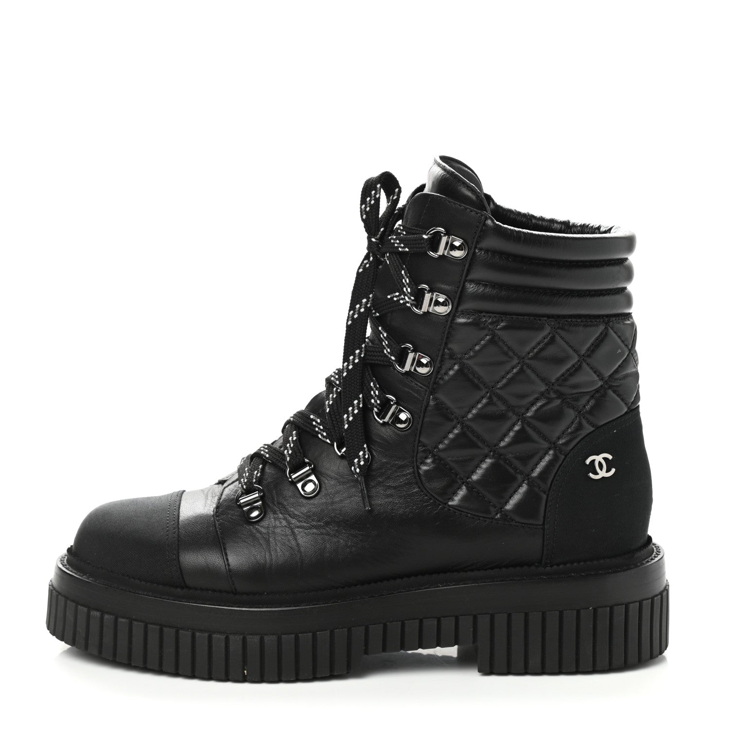 Chanel Calfskin Grosgrain Quilted Lace Up Boots 39 Black Grey 2 of 9