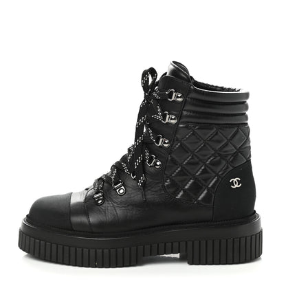 Chanel Calfskin Grosgrain Quilted Lace Up Boots 39 Black Grey 2 of 9