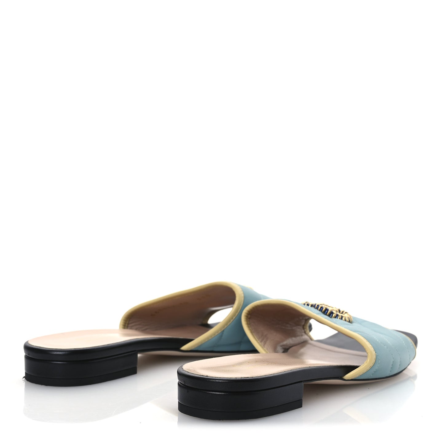 Malaga Kid Matelasse Enamel GG Marmont Flat Slide Sandals 38 Dusty Azure Burro