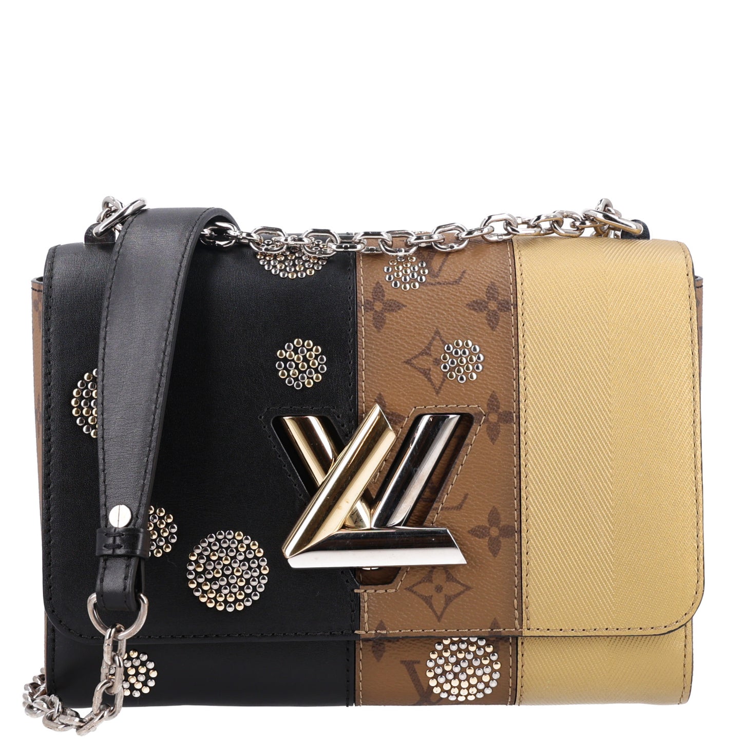 Calfskin Reverse Monogram Studded Twist Shoulder Bag MM Black Gold