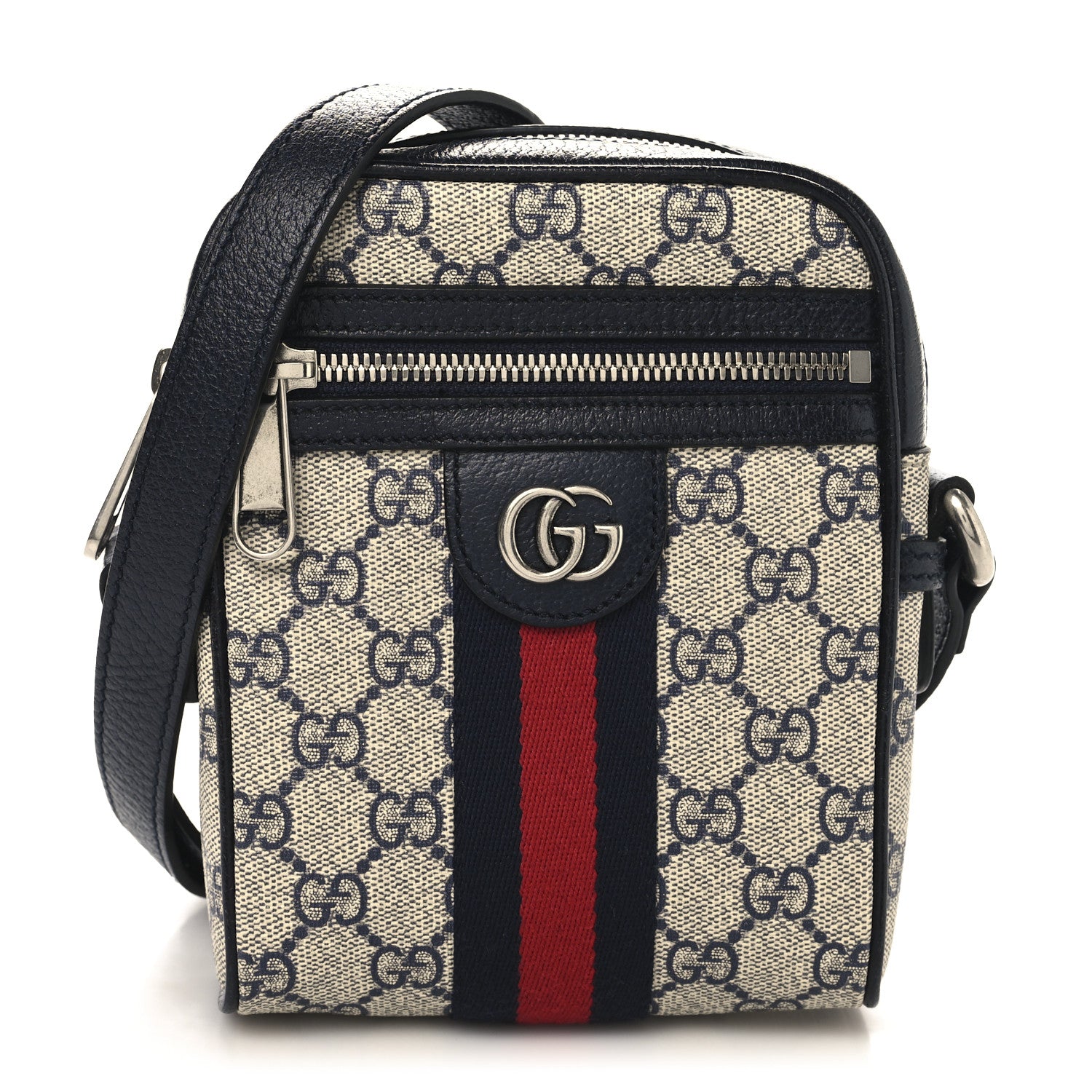 Gucci GG Supreme Monogram Textured Calfskin Web Mini Ophidia Messenger Beige Blue 1 of 10