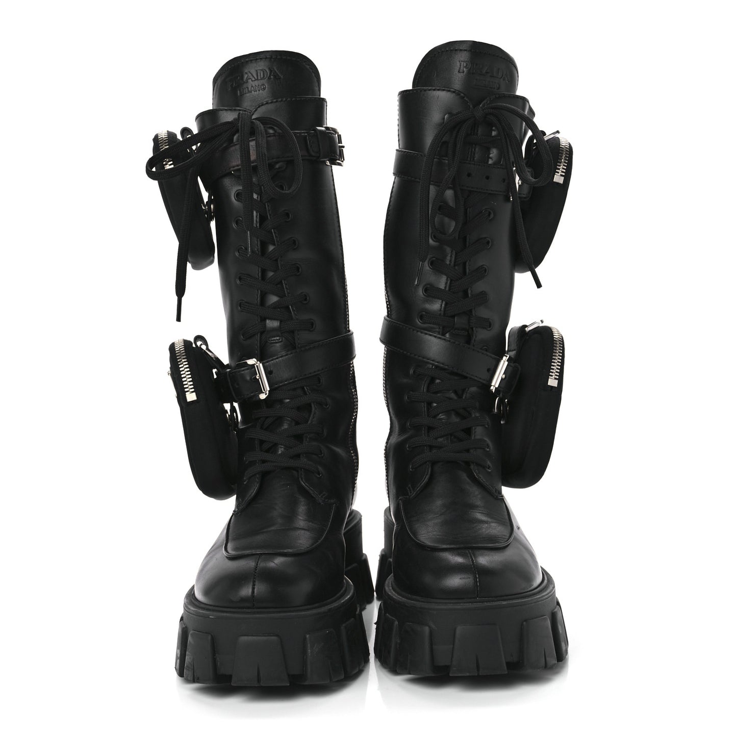 Vitello Lux Nylon Metal Triangle Logo Monolith Pouch Pocket 55mm Tall Combat Boots 39 Black