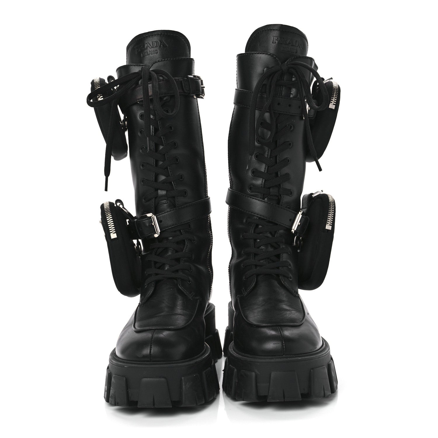 Prada Vitello Lux Nylon Metal Triangle Logo Monolith Pouch Pocket 55mm Tall Combat Boots 39 Black 2 of 7