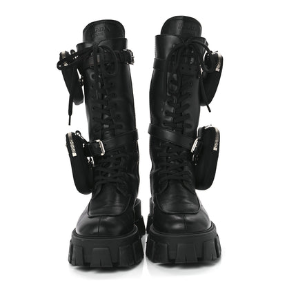 Prada Vitello Lux Nylon Metal Triangle Logo Monolith Pouch Pocket 55mm Tall Combat Boots 39 Black 2 of 7