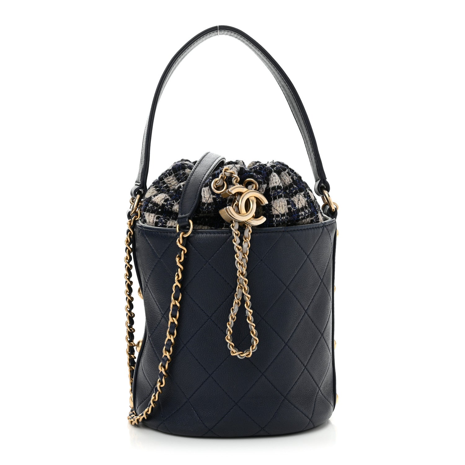 Chanel Calfskin Tweed Medium CC Chain Bucket Drawstring Bag Navy Blue Multicolor 1 of 13