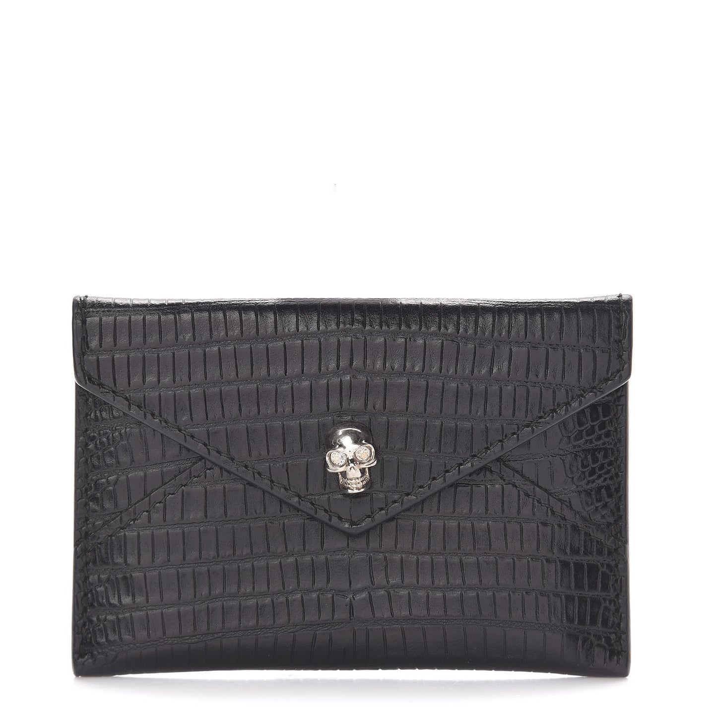 Calfskin Lizard Embossed Skull Envelope Card Holder Black