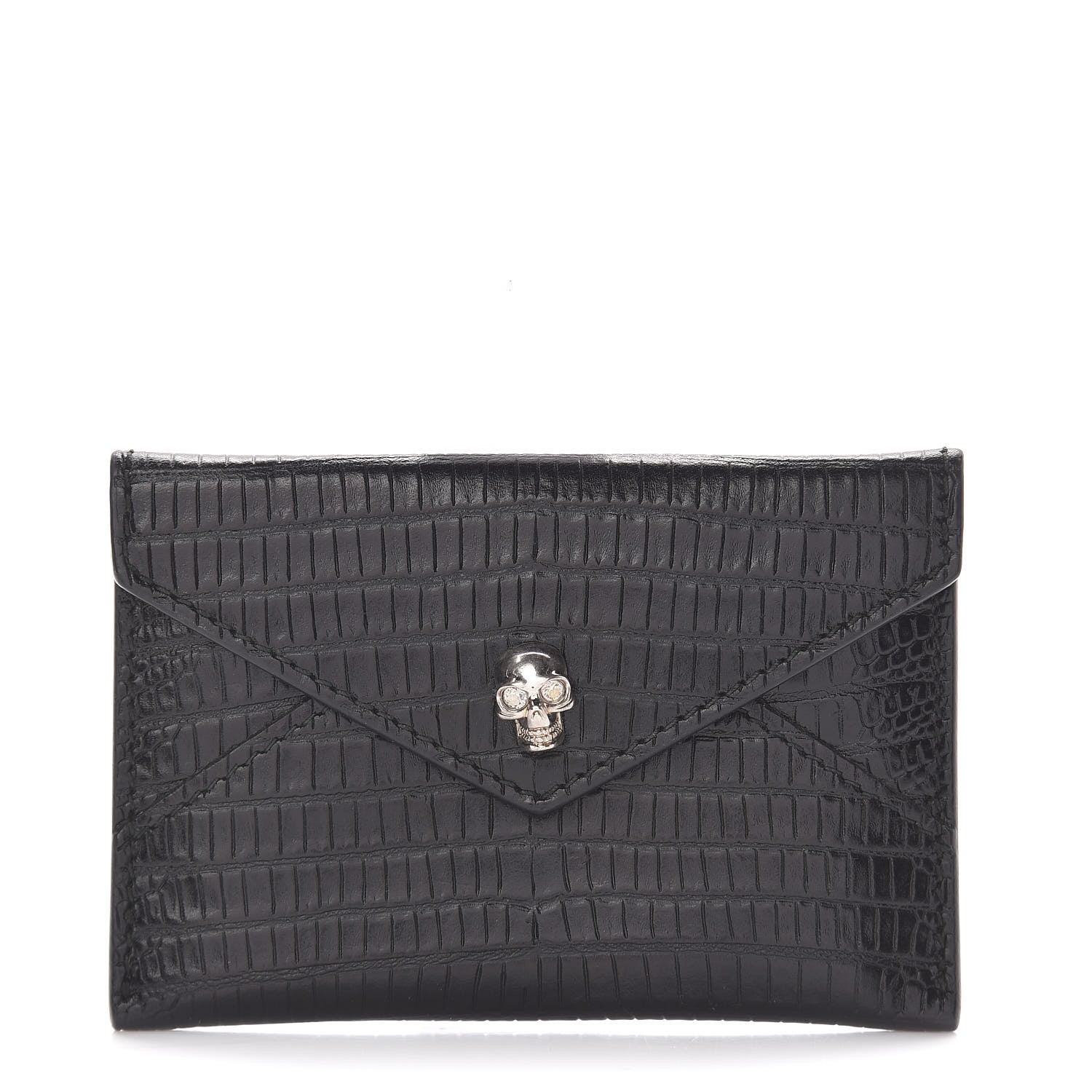 Alexander McQueen Calfskin Lizard Embossed Skull Envelope Card Holder Black 1 of 7
