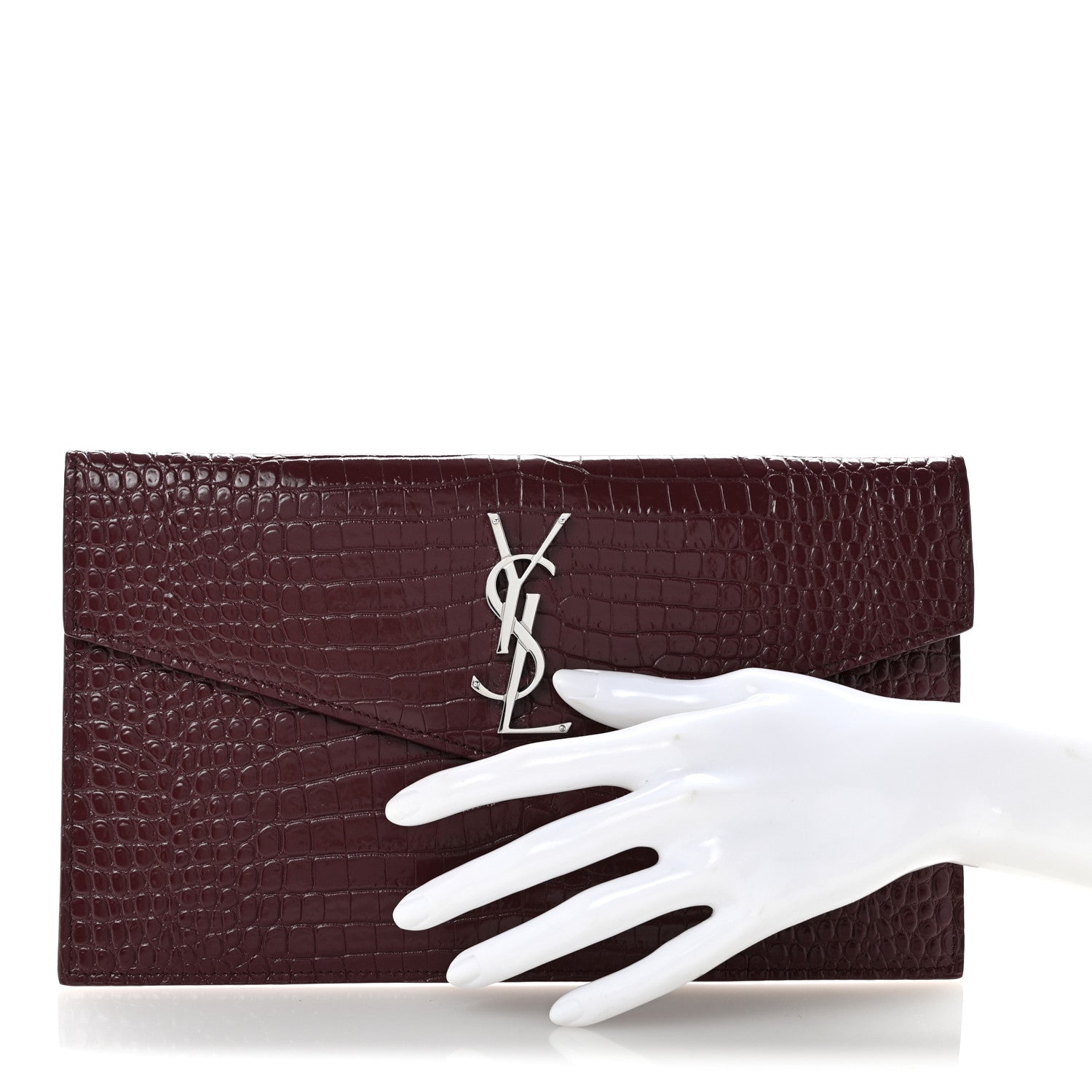 Saint Laurent Calfskin Crocodile Embossed Uptown Monogram Clutch Rouge Legion 2 of 12