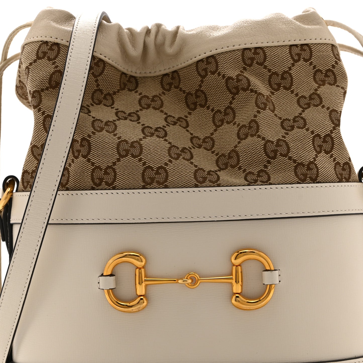 Monogram Textured Calfskin Horsebit 1955 Drawstring Bucket Bag Beige Mystic White