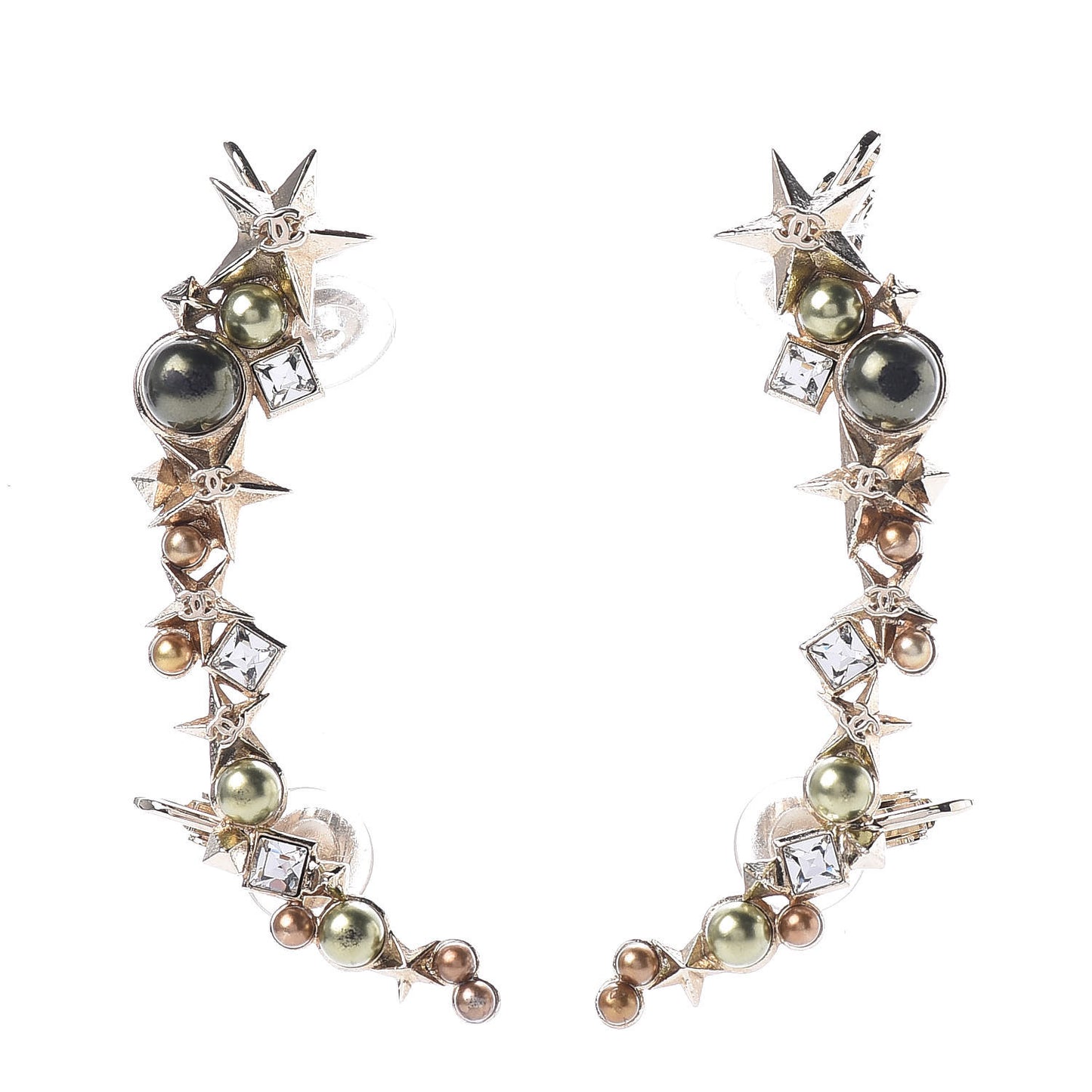 Crystal Pearl CC Star Clip On Cuff Earrings Gold
