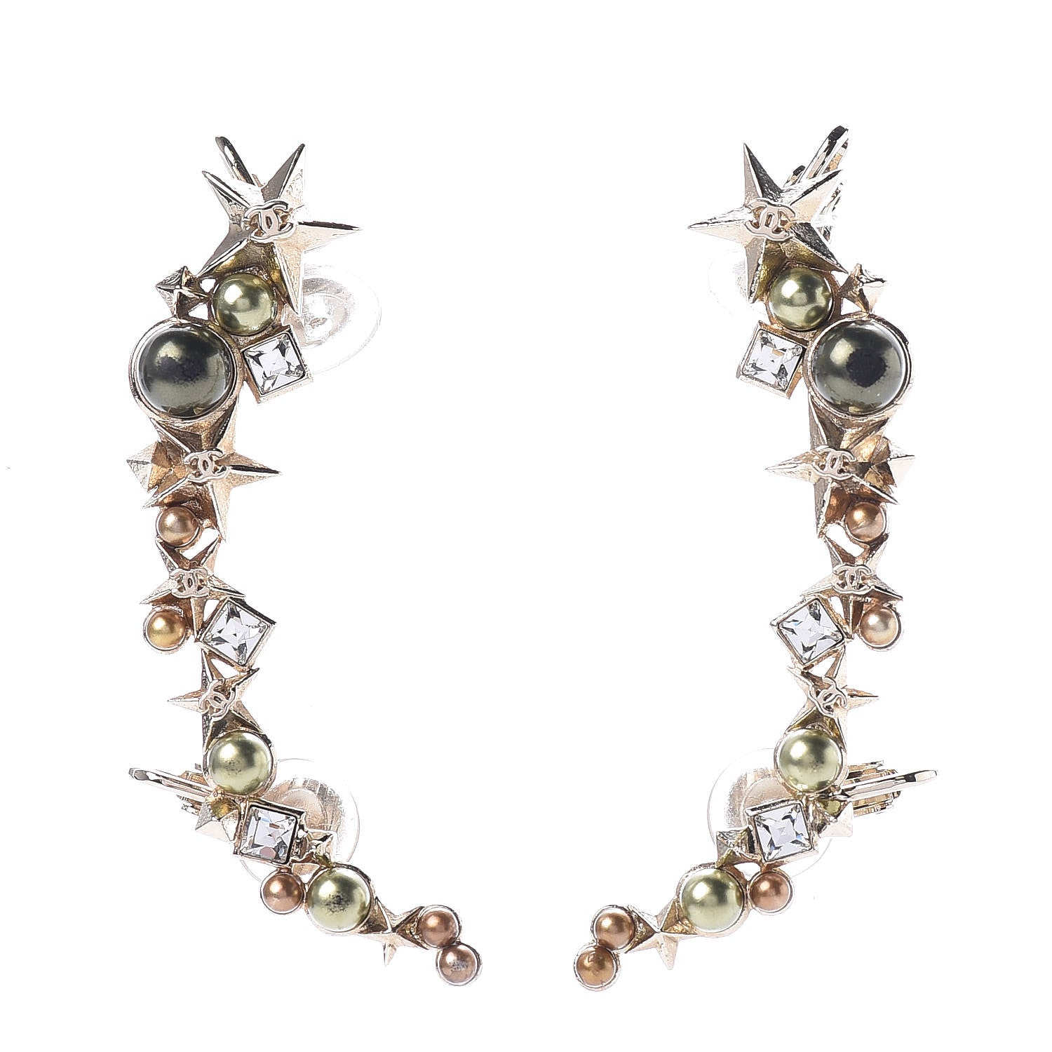 Chanel Crystal Pearl CC Star Clip On Cuff Earrings Gold 1 of 5