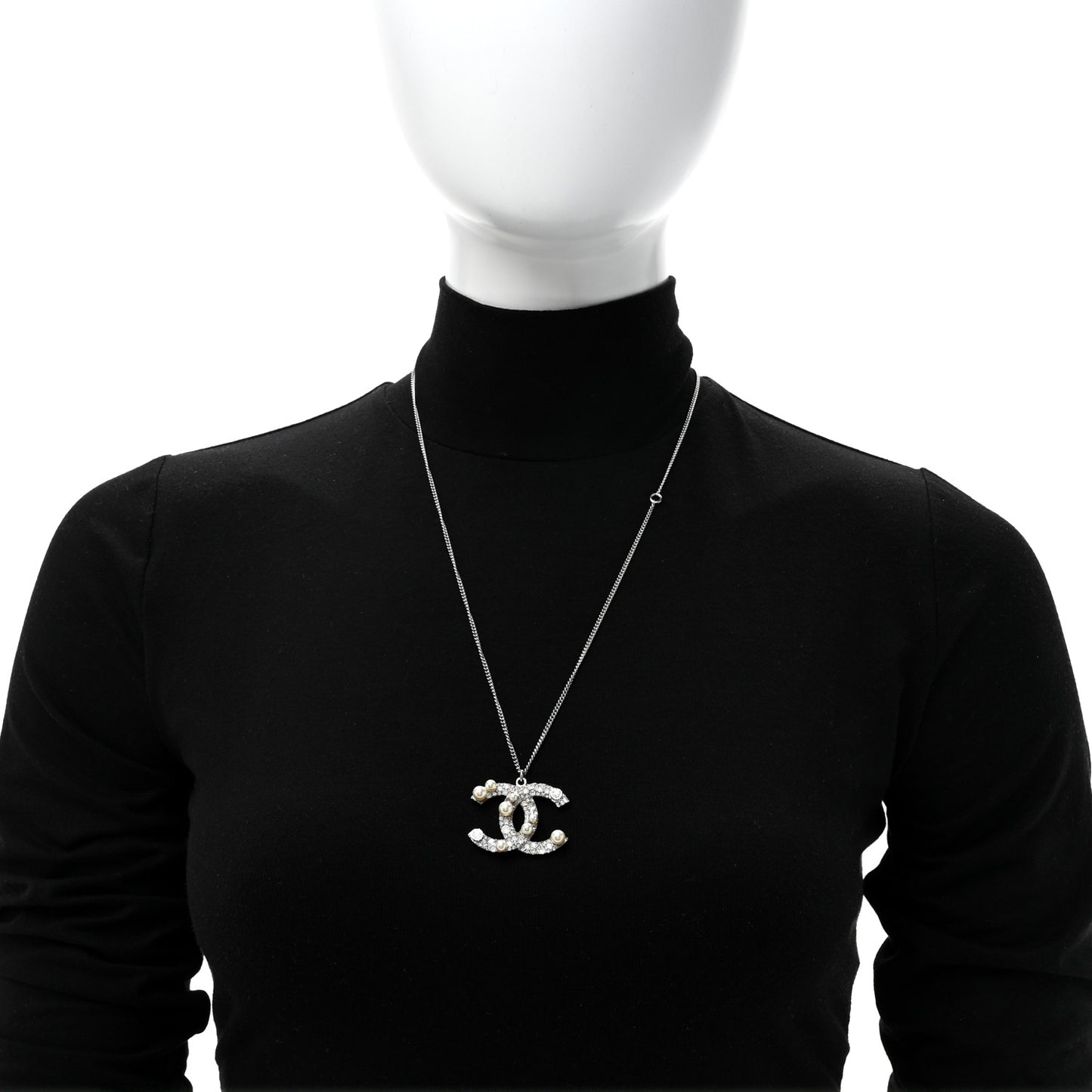 Crystal Pearl CC Pendant Necklace Silver