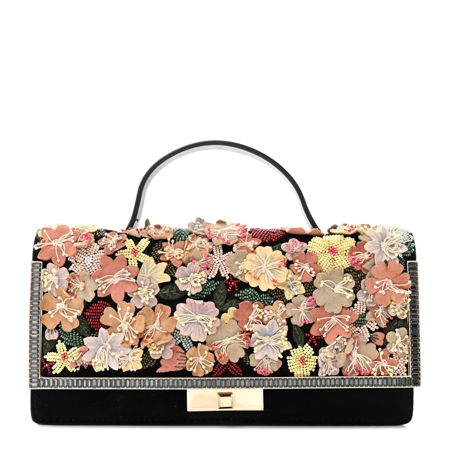 Valentino Garavani Velvet Crystal Flower Embellished Top Handle Clutch Black Multicolor 1 of 11