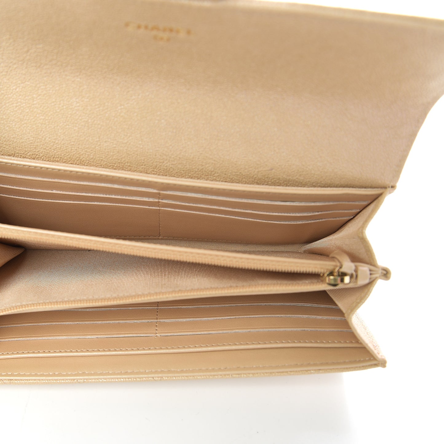Iridescent Caviar Quilted Long Flap Wallet Beige