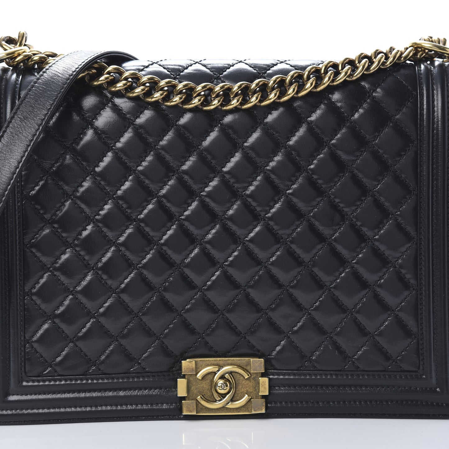 Glazed Calfskin Quilted Large Boy Flap Black