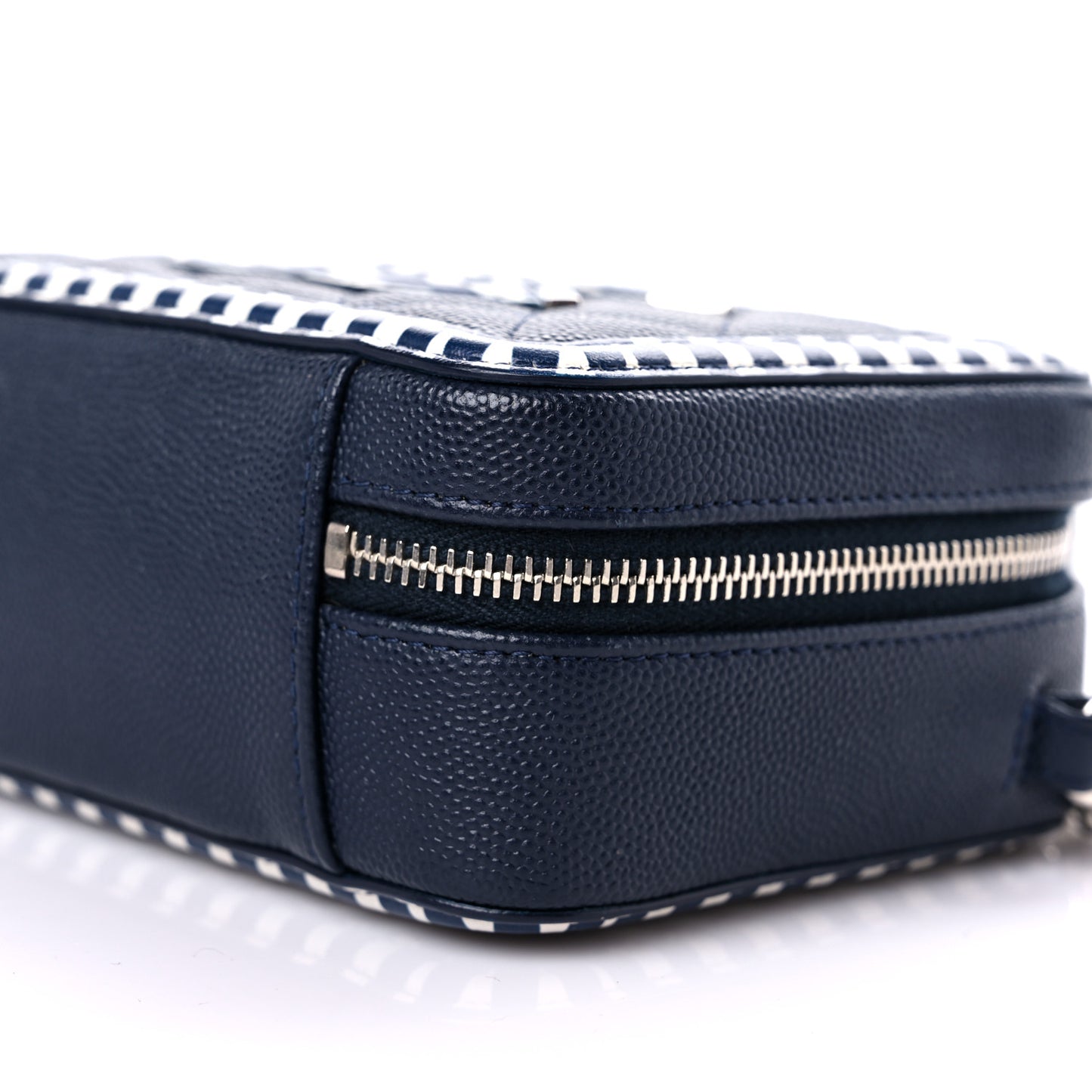 Caviar Quilted Striped Filigree Vanity Clutch With Chain Navy White