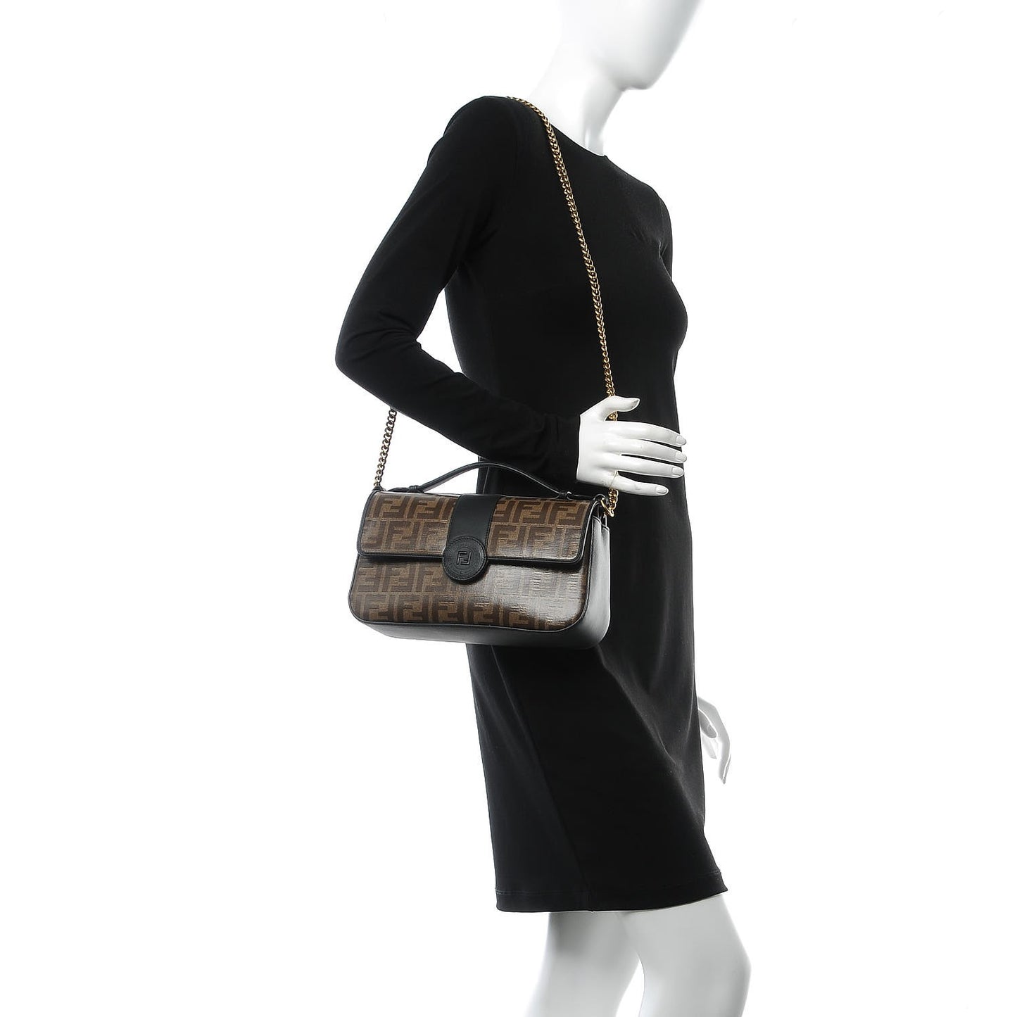 Vitello Grace Glazed Fabric FF 1974 Double F Shoulder Bag Black Mogano Panna