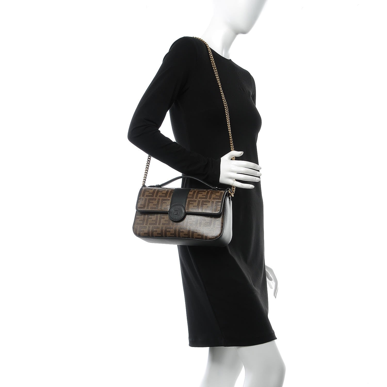 Fendi Vitello Grace Glazed Fabric FF 1974 Double F Shoulder Bag Black Mogano Panna 2 of 6