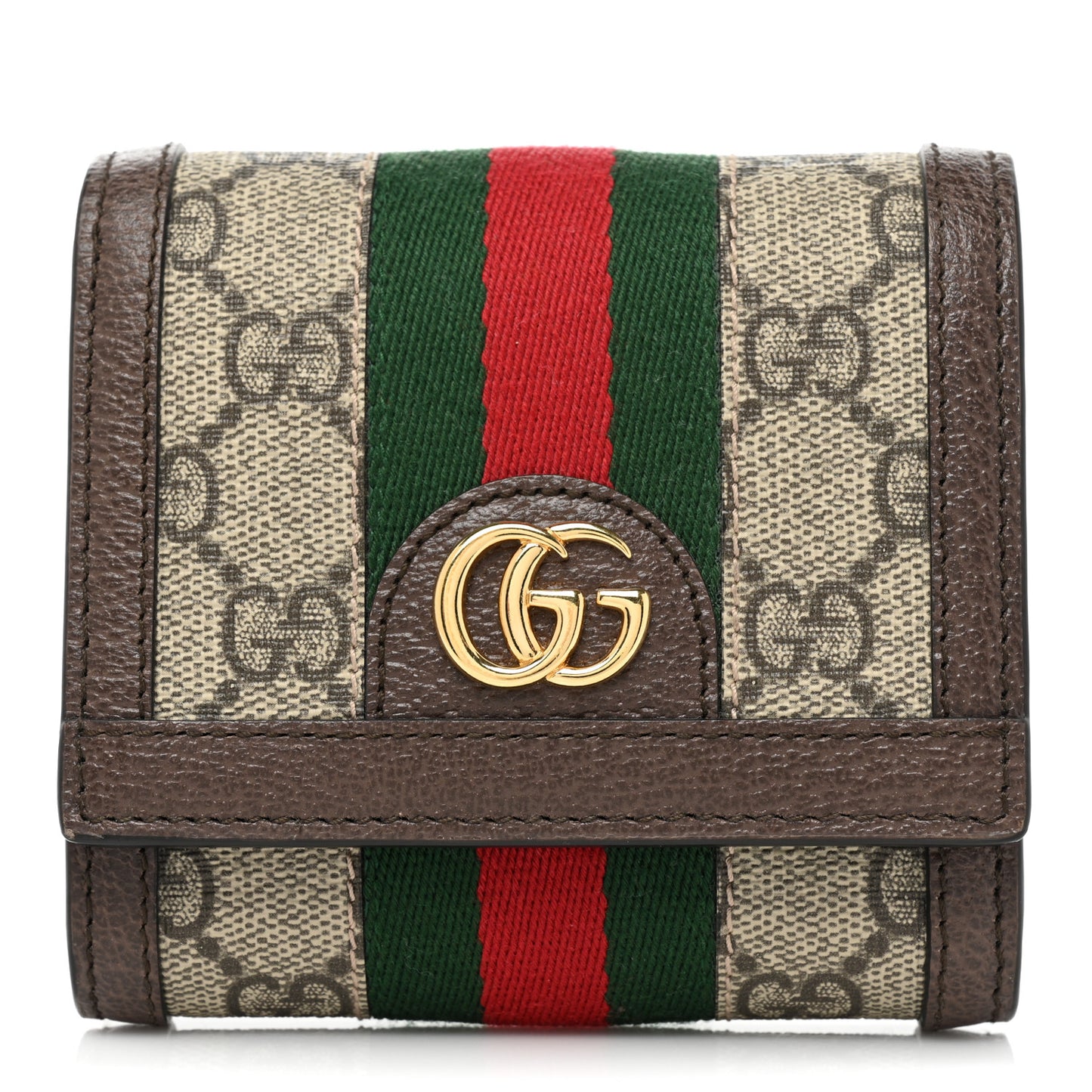 GG Supreme Monogram Textured Calfskin Web Ophidia Card Case Wallet Beige Ebony New Acero