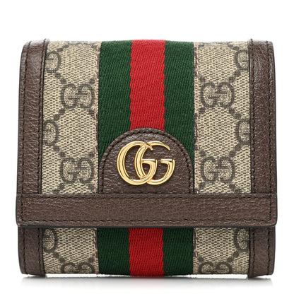 Gucci GG Supreme Monogram Textured Calfskin Web Ophidia Card Case Wallet Beige Ebony New Acero 1 of 9