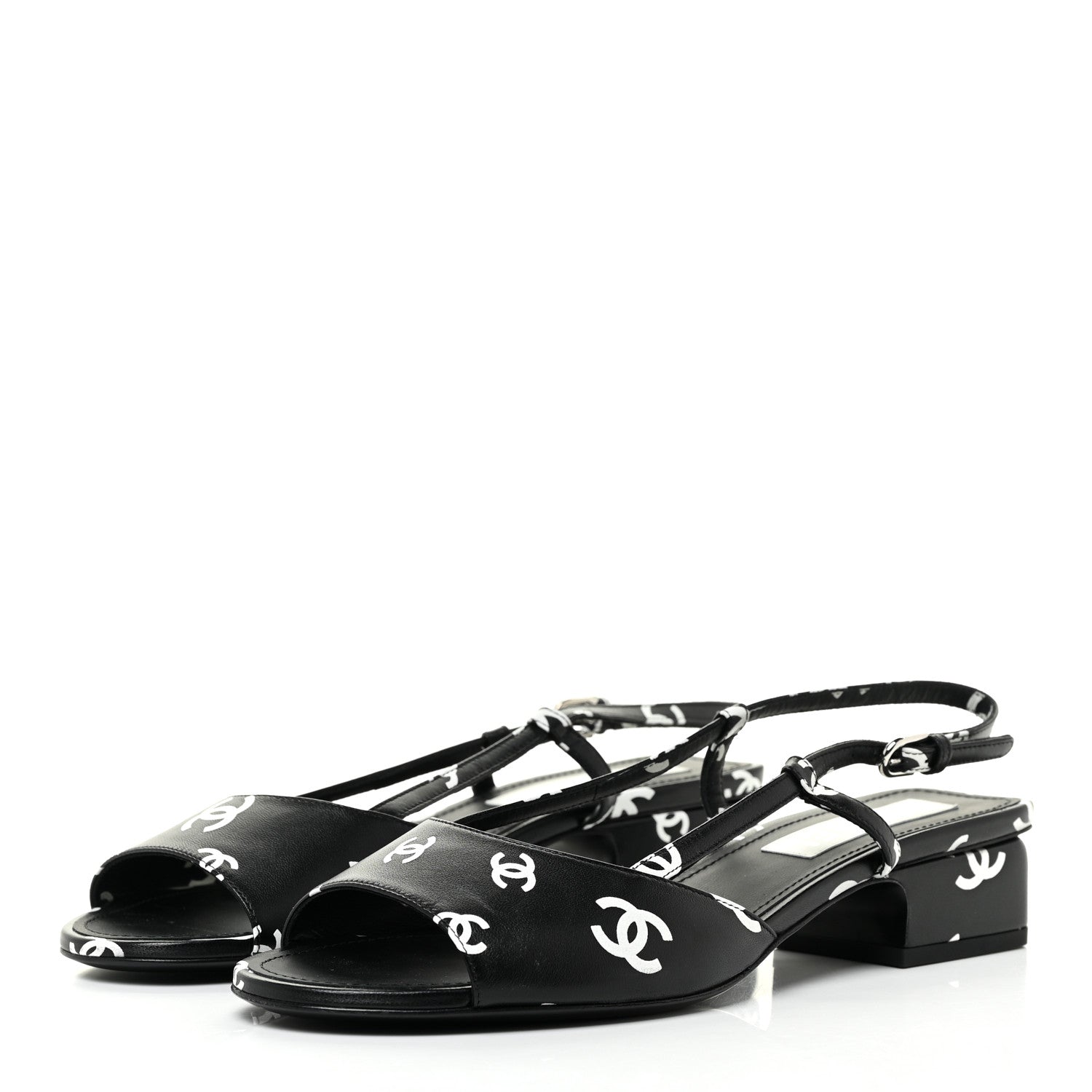 Chanel Printed Lambskin CC Slingback Sandals 40 Black White 3 of 12