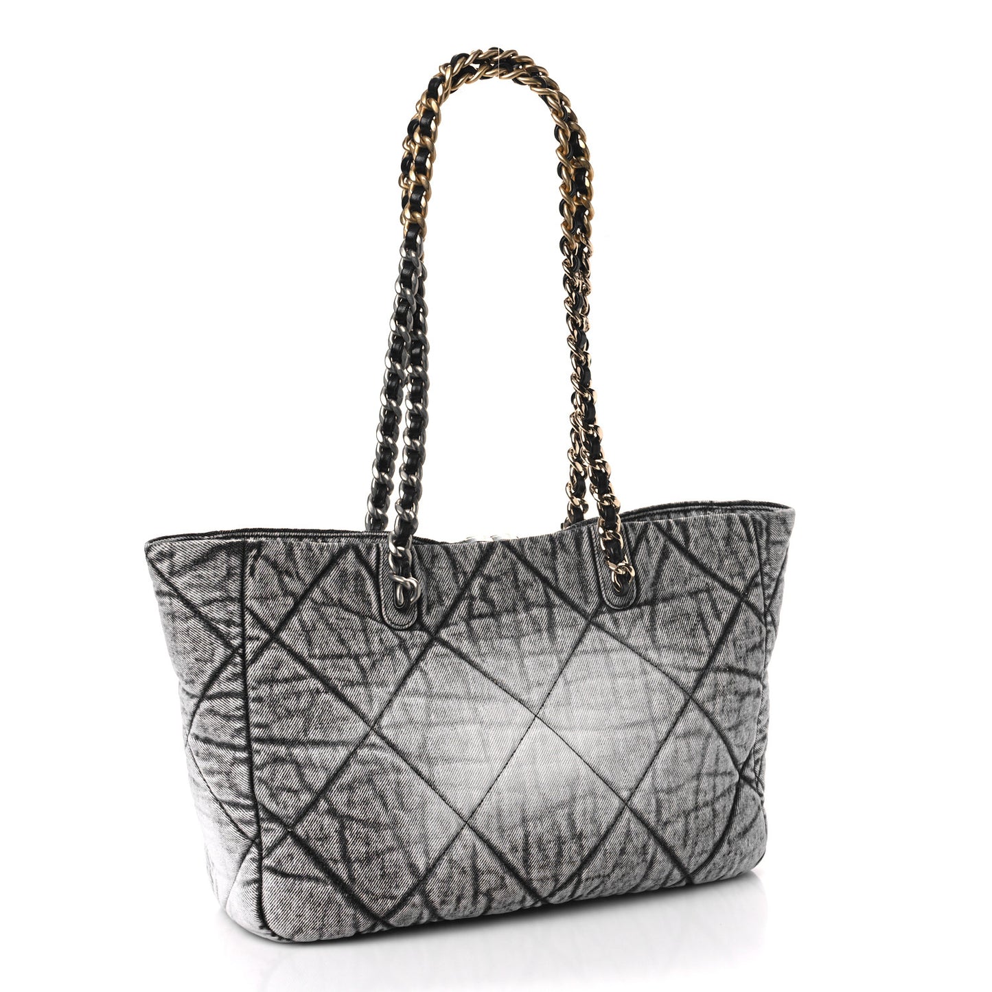 Washed Denim Quilted Chanel 19 East West Shopping Bag Black White