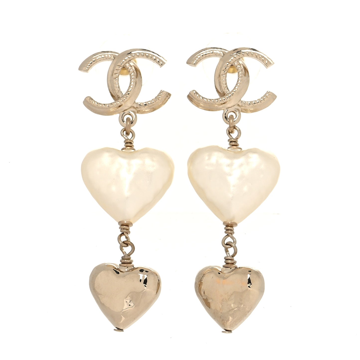 Pearl CC Double Heart Drop Earrings Gold