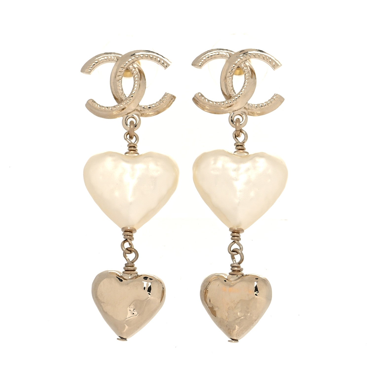 Chanel Pearl CC Double Heart Drop Earrings Gold 1 of 5
