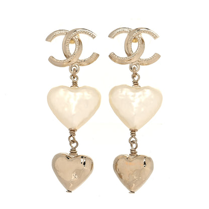 Chanel Pearl CC Double Heart Drop Earrings Gold 1 of 5