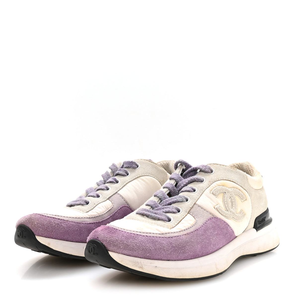 Nylon Calfskin Suede CC Womens Sneakers 36 White Light Grey Purple