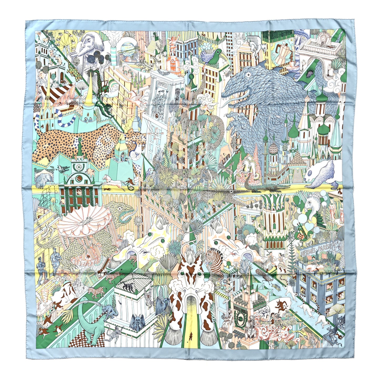 Silk Animapolis Scarf 140 Indigo Bleu Glacier Vert