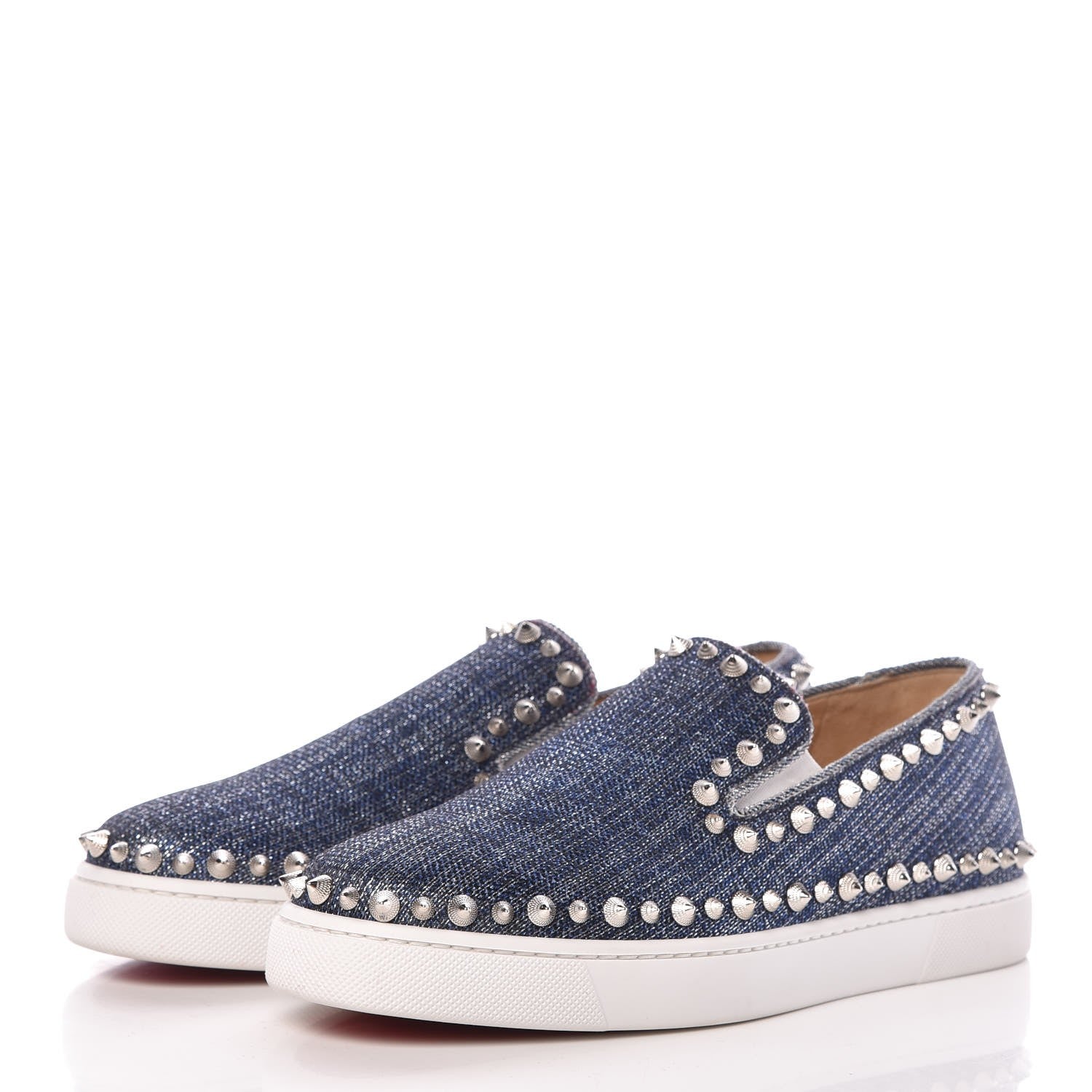 Christian Louboutin Womens Denim Lame Lux Spikes Pik Boat Flat 37 Silver 3 of 11