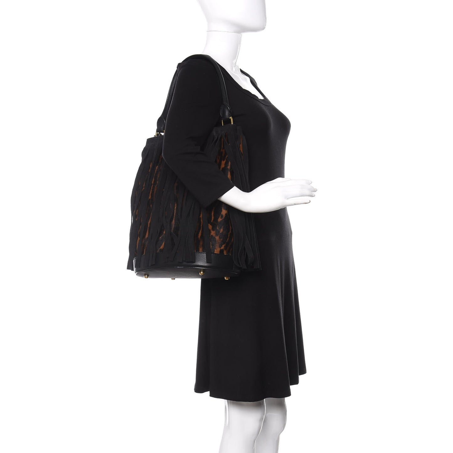 Prorsum Suede Calf Hair Animal Print Fringe Bucket Bag Dark Camel