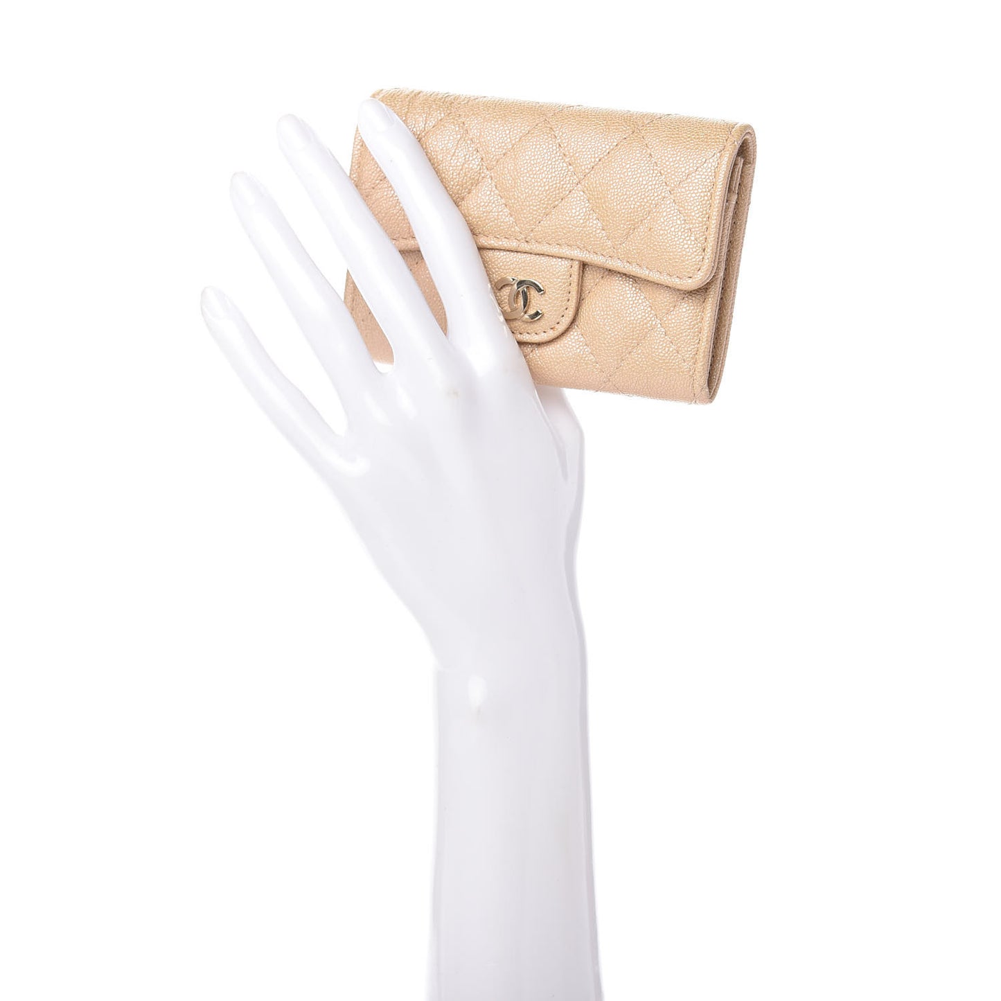 Iridescent Caviar Quilted Flap Card Holder Beige