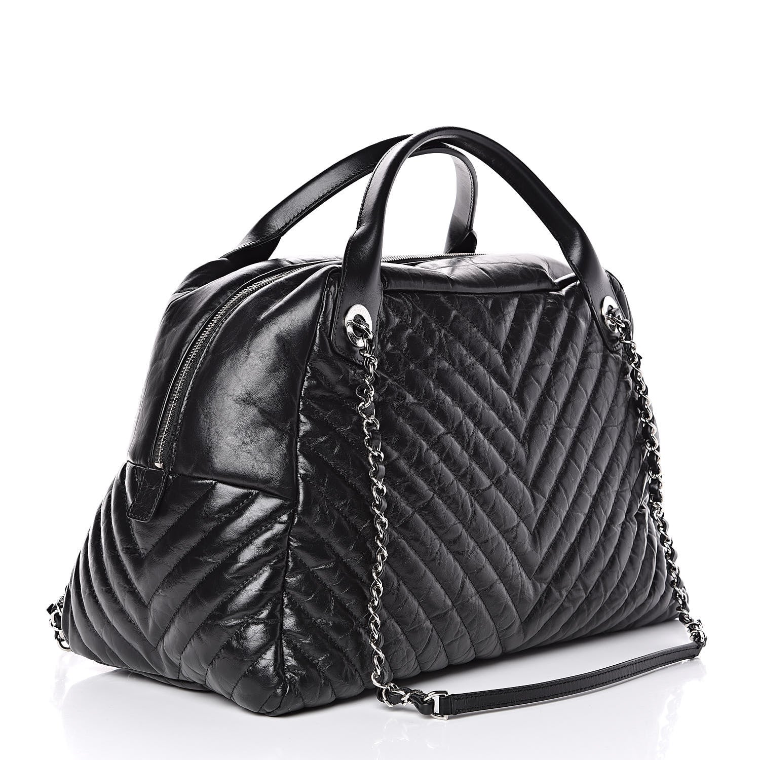 Chanel Aged Calfskin Chevron Large Soft Bowling Bag Black 3 of 12