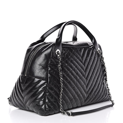 Chanel Aged Calfskin Chevron Large Soft Bowling Bag Black 3 of 12