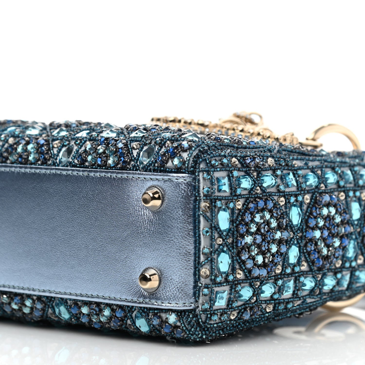 Christian Dior Metallic Calfskin Satin Celestial Bead Embroidery Cannage Mini Lady Dior Blue 9 of 9