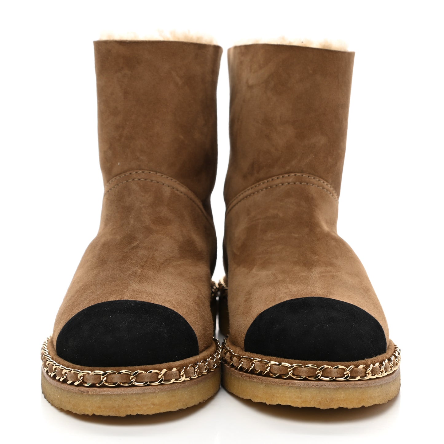 Kid Suede Shearling Womens Cap Toe Chain Short Boots 36.5 Light Brown Black