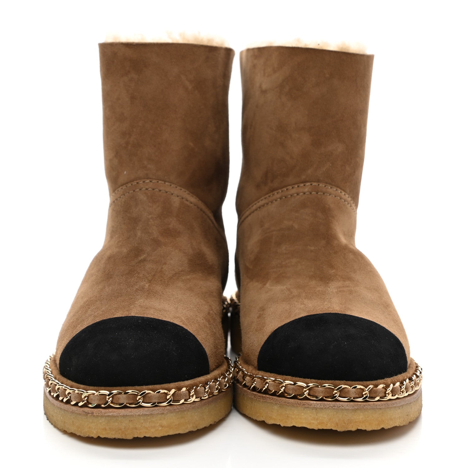 Chanel Kid Suede Shearling Womens Cap Toe Chain Short Boots 36.5 Light Brown Black 2 of 7