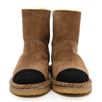 Chanel Kid Suede Shearling Womens Cap Toe Chain Short Boots 36.5 Light Brown Black 2 of 7