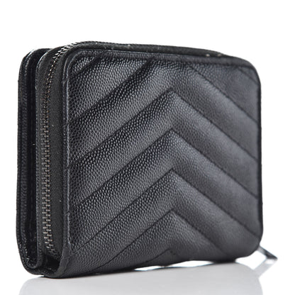 Saint Laurent Grain De Poudre Matelasse Chevron Monogram Compact Zip Around Wallet Black 3 of 14