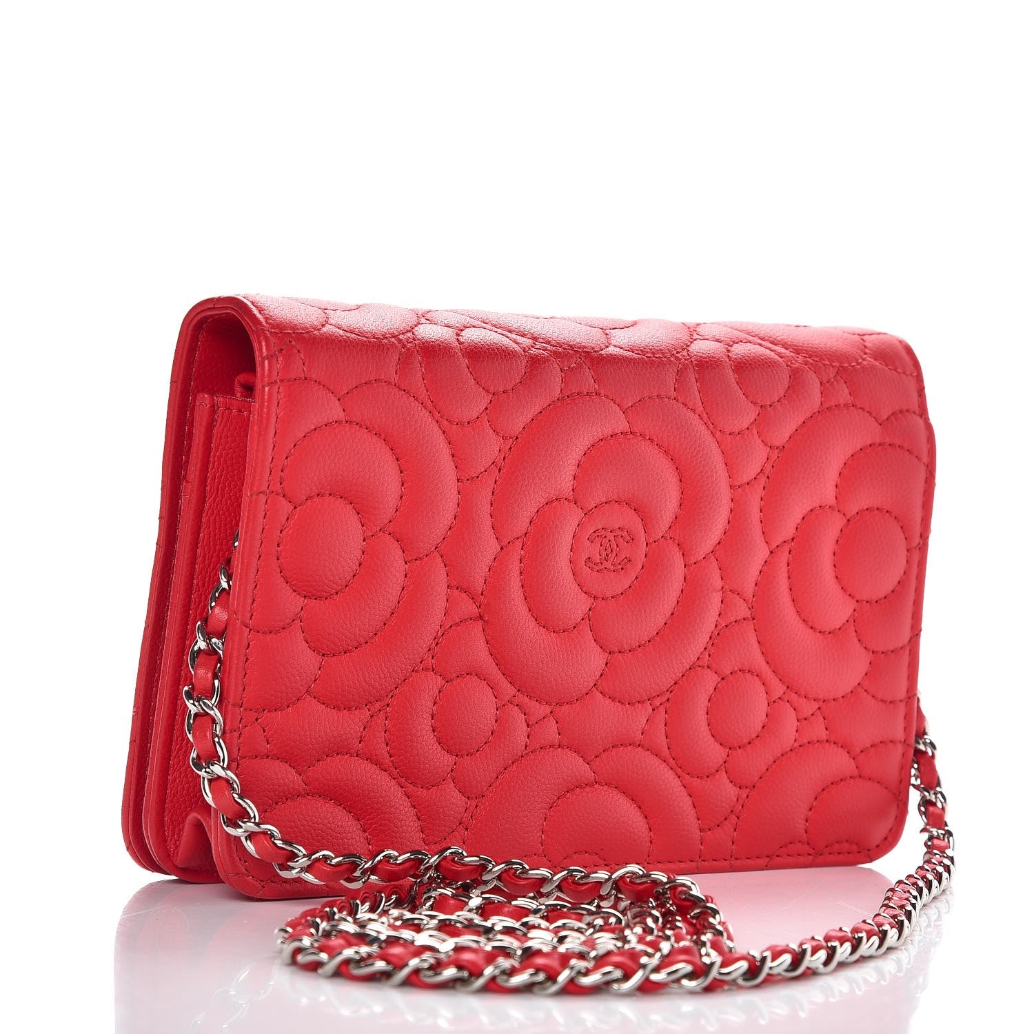 Chanel Caviar Camellia Embossed Wallet On Chain WOC Red 3 of 8