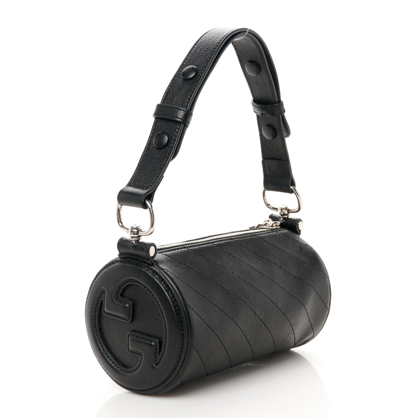 Sakai Be Green Calfskin Diagonal Stitched Mini Blondie Barrel Shoulder Bag Black