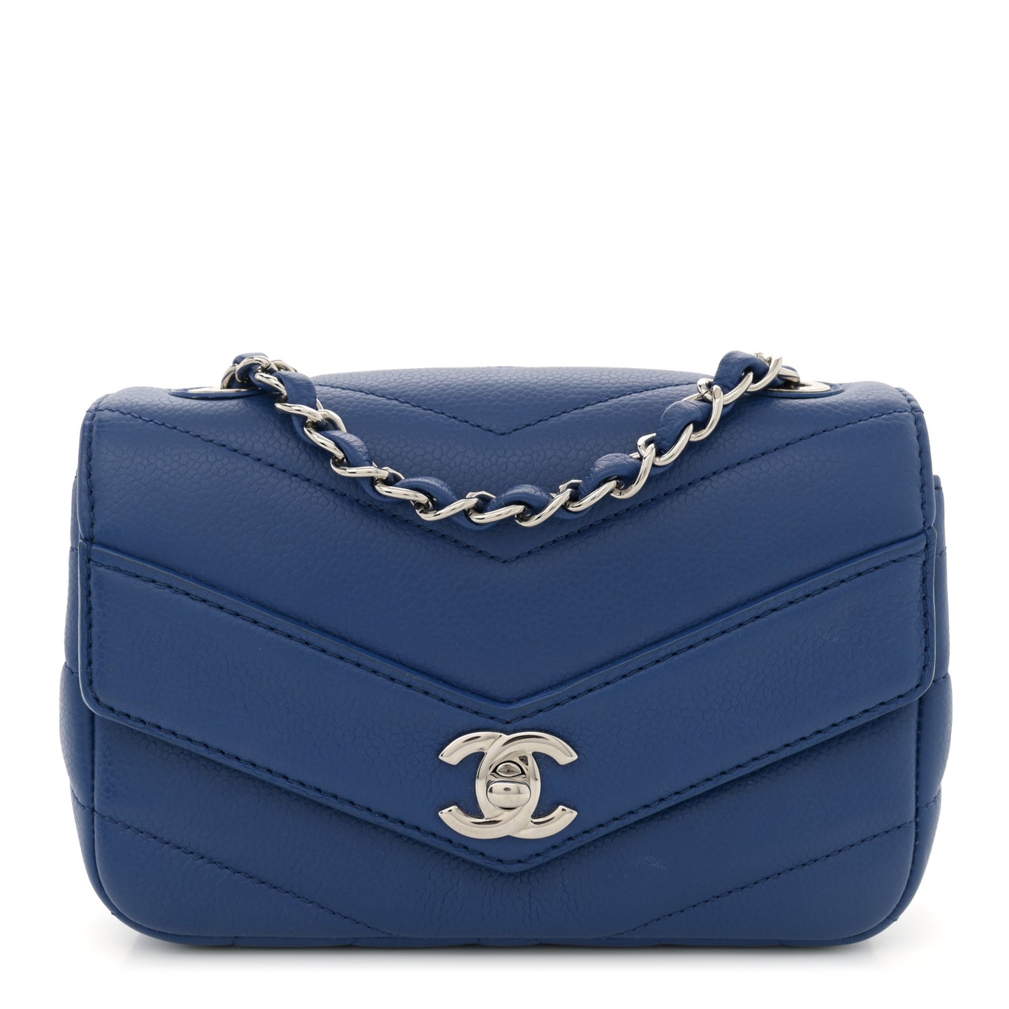 Caviar Chevron Quilted Small Single Flap Blue