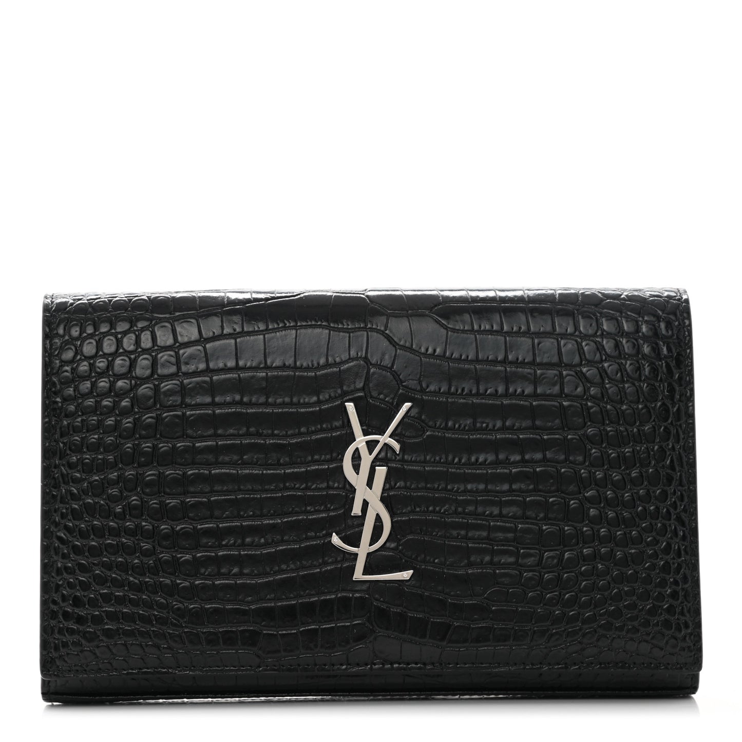 Calfskin Crocodile Embossed Monogram Chain Wallet Black