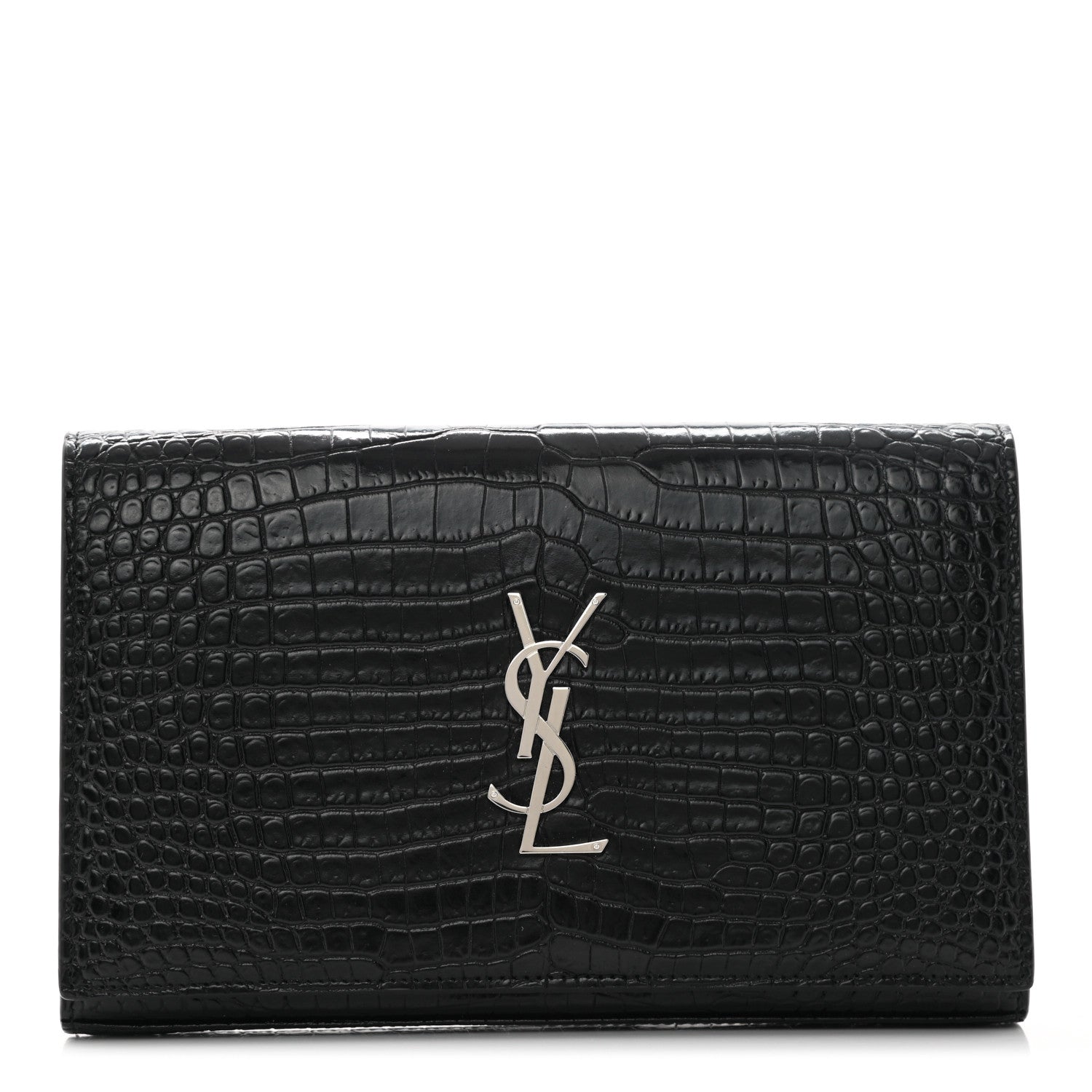 Saint Laurent Calfskin Crocodile Embossed Monogram Chain Wallet Black 2 of 18
