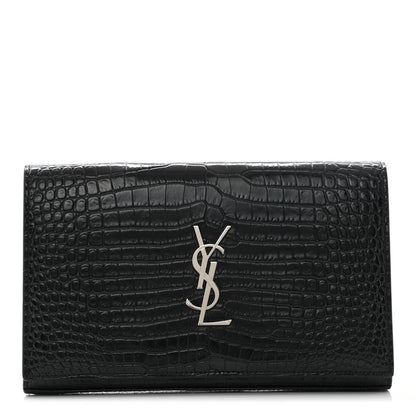 Saint Laurent Calfskin Crocodile Embossed Monogram Chain Wallet Black 2 of 18