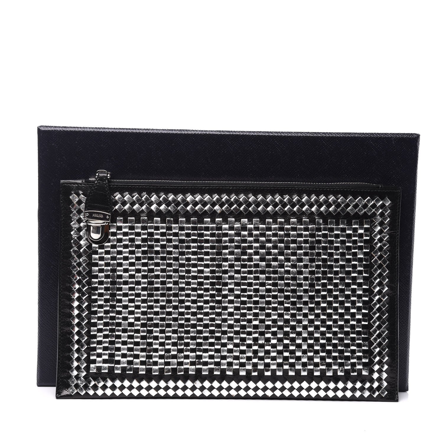 Prada Goatskin Woven Pouch Black Argento 20 of 20