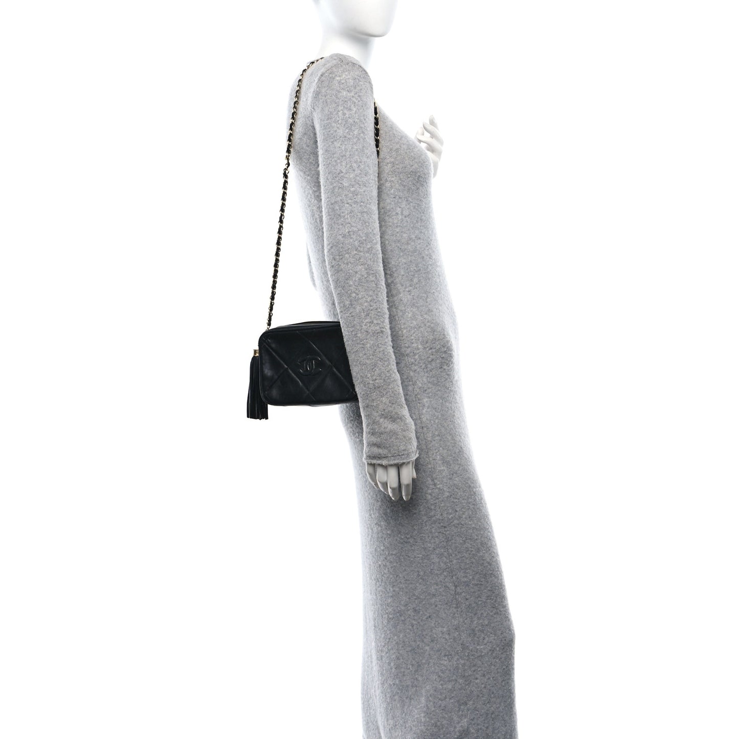 Lambskin Quilted CC Tassel Camera Case Black